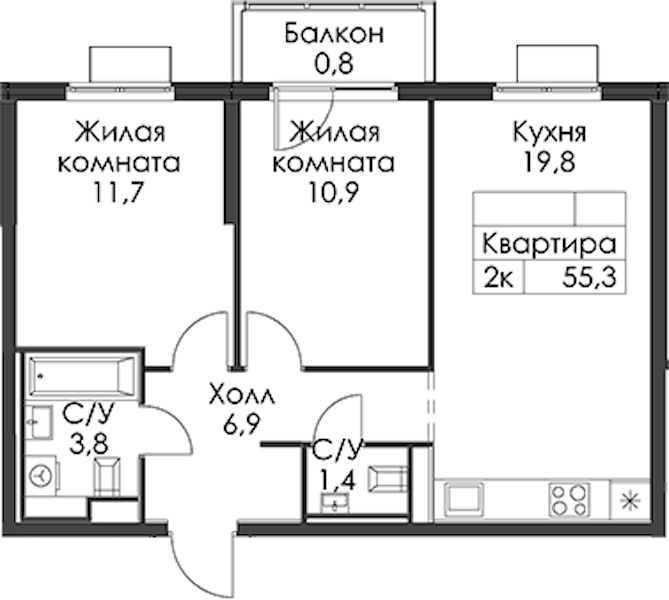 2-комнатная квартира 55.3 м², 7/24 эт., ЖК «Заречный парк»